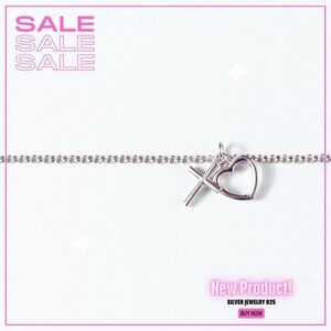 Bracelet with cross and heart charm in rhodium-plated silver for women
